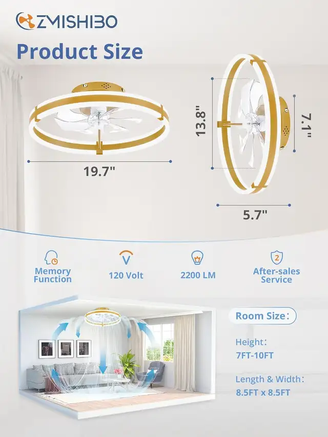 Modern Flush Mount Ceiling Fan with LED Light and Remote, 19.7'' in Indoor Lighting & Fans in Mississauga / Peel Region - Image 7