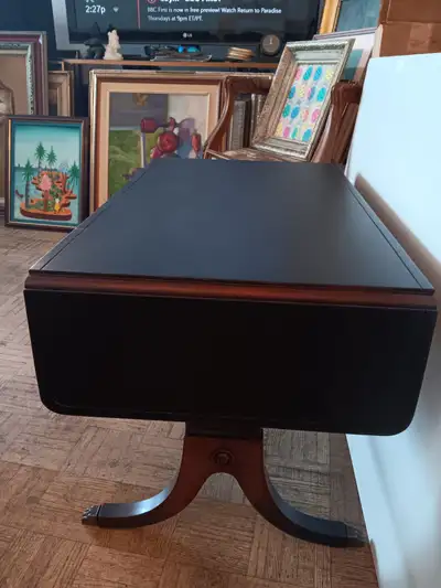Vintage Mahogany Coffee table with brass cats feet., View more