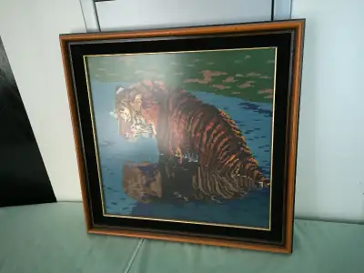VTG 60s Tiger Needlepoint w/ Wood frame & Transparent Glass, View more