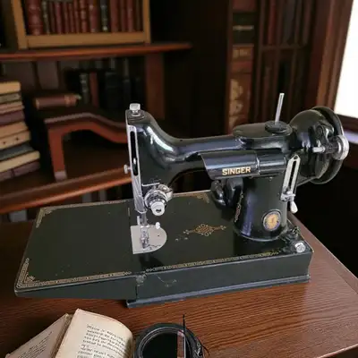 Extremely rare portable Singer Featherweight 221 sewing machine in original box with accessories. Wi...