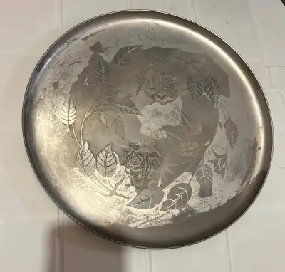 Vintage Aluminum Serving Tray with Floral Pattern For Sale, View more
