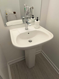 Pedestal Sink, faucet, mirror, towel bar, plus more 