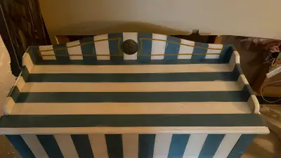 Blue and white striped wooden toy chest/blanket box with green velvet lining. Very nice piece. Retai...