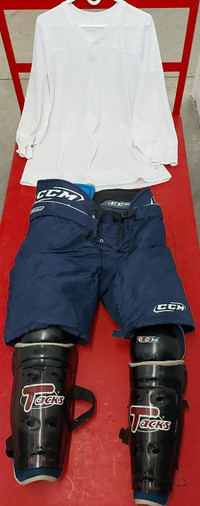 CCM ICE HOCKEY PANTS, SHIN PADS & (NEW) SHIRT (size L)