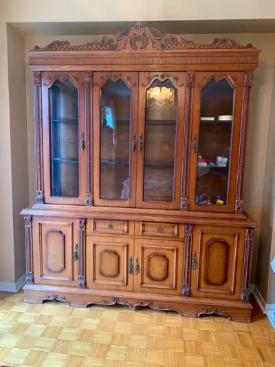 Solid wood dining room table and hutch, View more
