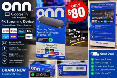 BRAND NEW onn 4K Google TV + Gemini Streaming Device – $80, View more