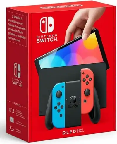 Nintendo Switch (OLED Model) with Neon Red & Neon Blue Joy-Con w/ added accessories (Item is New but...