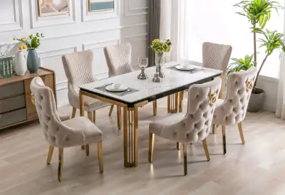 CERAMIC MARBLE TOP DESIGNER DINING TABLE WITH STAINLESS GOLD LEG, View more