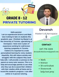 Private Math and Science Tutor in GTA
