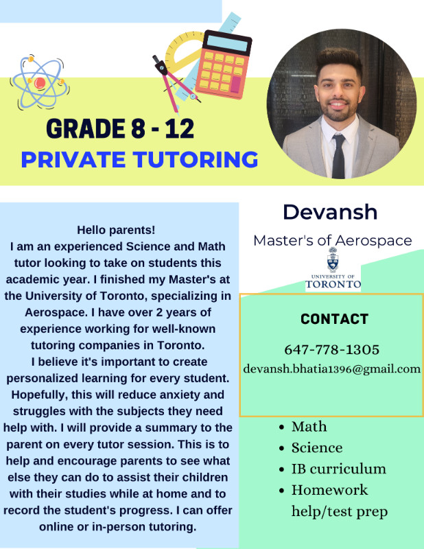 Private Math and Science Tutor in GTA in Tutors & Languages in City of Toronto
