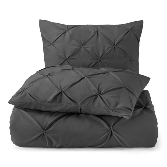 New 3 PC Dark Grey Pintuck Duvet Cover Set • Queen Size in Bedding in North Bay - Image 2
