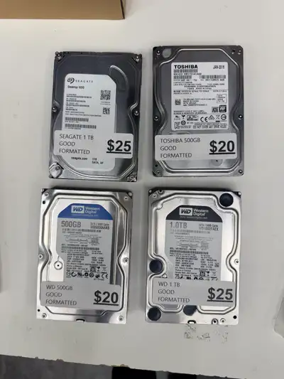 I'm selling a selection of used desktop hard drives, including a Seagate 1TB, a Toshiba 500GB, a WD...