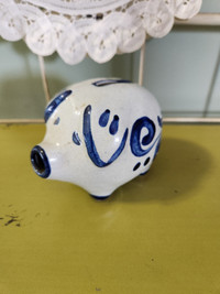 Small VINTAGE piggy bank / coin bank (grey with blue)
