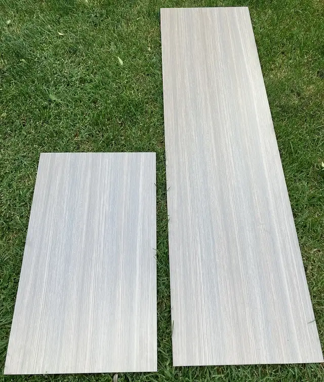 3 Rubbermaid or Aria laminate shelf boards, grey-brown