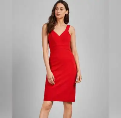 Color: Vibrant red Style: Elegant bodycon dress with a flattering V-neckline and wide shoulder strap...