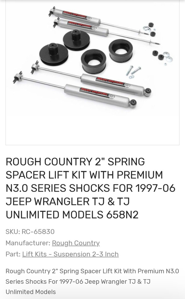 Rough Country Jeep TJ 2" lift with premium shocks.  in Other Parts & Accessories in Winnipeg