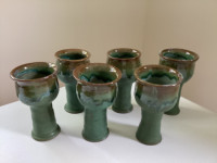 Set of 6 Vintage Green Drip Glaze Stoneware Wine Goblets
