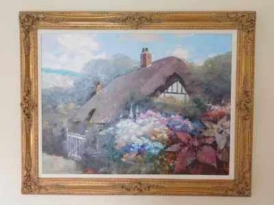 Vintage Large Oil Painting on Canvas, "English Cottage", Very Ornate Bohemian Gold Color Frame, Arti...