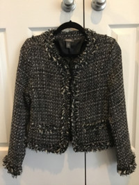 Black/white tweed textured blazer with fringe trim size M