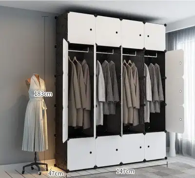 Versatile modular wardrobe with a black and white color scheme., View more
