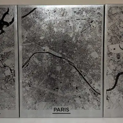 Three piece set of modern city wall art from IKEA. Features New York City, Paris and London. The riv...