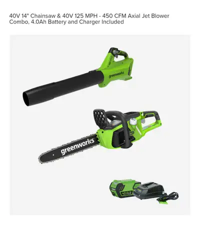 Greenworks 40V Combo -  Leaf Blower, Chainsaw, Battery, Charger, View more