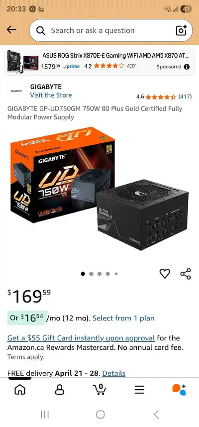 GIGABYTE GP-UD750GM 750W 80 Plus Gold Certified Fully Modular, View more