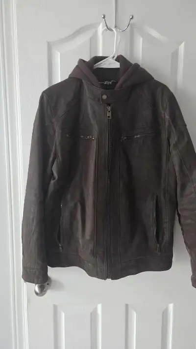 Perfect timing.. selling brown leather men's jacket with removable hood. Size: Large Regular length...