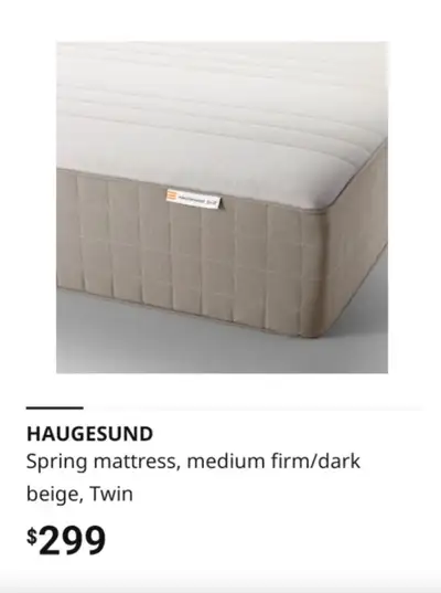 Haugesund twin mattress from Ikea used very briefly. like new condition Details: - Spring Mattress -...