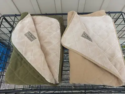 For Sale, Two L.L.Bean Large quilted dog blankets with sherpa lining. Olive green and beige. Large 3...