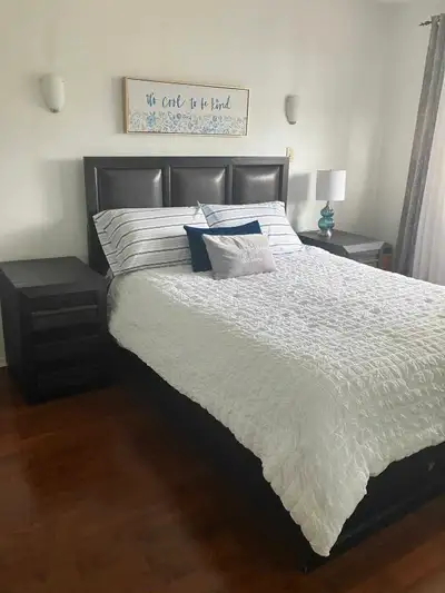 Bed, with head board,drawers, mattress, night tables, tall mirror All $550. In excellent condition