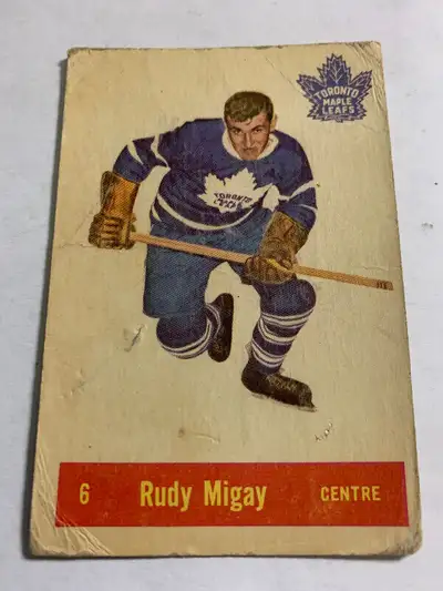 1957/58 PARKHURST Hockey #6 RUDY MIGAY TORONTO MAPLE LEAFS. Please see the photos and judge the cond...