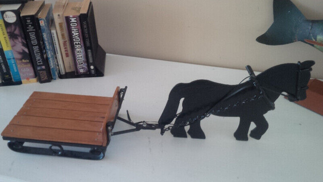 Cast Iron Horse Drawn Wooden Sled, 23 Inches Long in Arts & Collectibles in Stratford