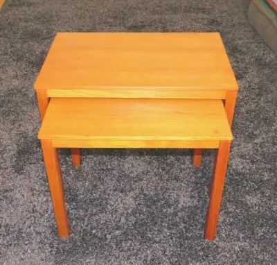 2 MID CENTURY DANISH MODERN TEAK WOOD NESTING SIDE COFFEE TABLES, View more