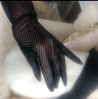 Leather gloves long w Fishnet leather designer Holt Renfrew NEW