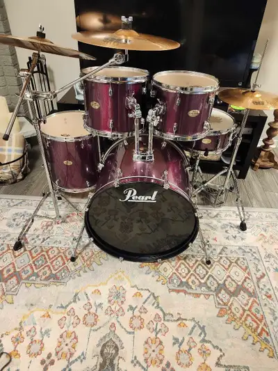 As new, 5 pc. Pearl Forum drums, hardware, cymbals., View more