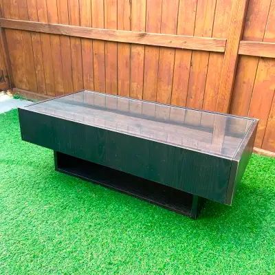 Dark Wood Coffee Table Glass Top 2 Drawers Storage Furniture, View more