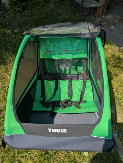 Thule Cadence tow behind bike trailer. My kids have grown into their own bikes now. No holes in wind...