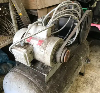 Older, Heavy-Duty shop AIR compressor. 1 hp electric motor. Currently wired for 120v (3-phase ready)...