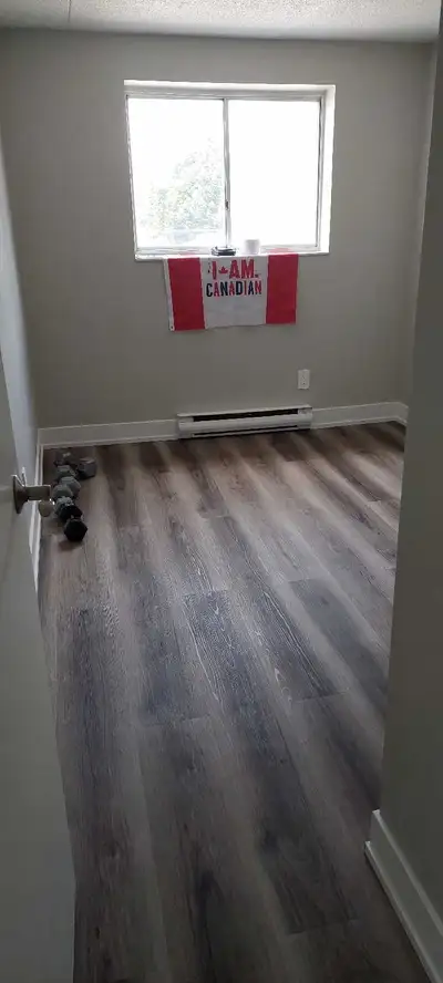 Bright and clean room available for rent, featuring modern laminate flooring and a spacious sliding-...