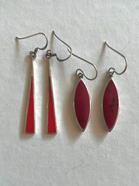 2 Pairs of Sterling Silver and Red Enamel/Stone Earrings