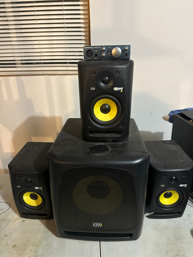 3 krk rokit 5 monitor speakers and 1 krk 10s subwoofer  in General Electronics in Hamilton