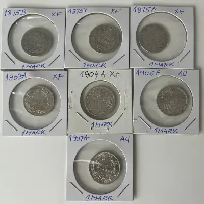 LOT OF 7 SILVER GERMAN 1 MARK DEUTSCHES REICH 1 Mark .900 Silver, View more