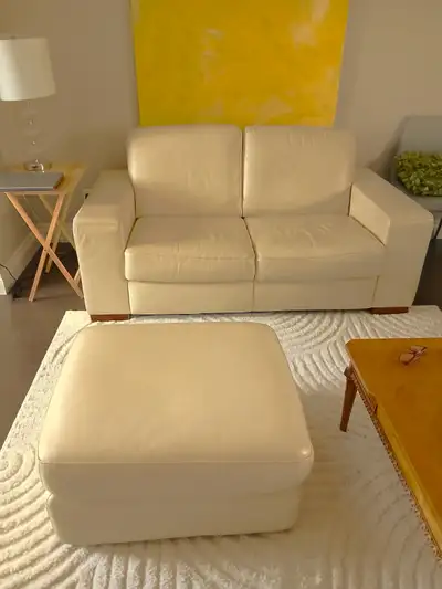High-End Cream/Beige Leather Loveseat & Ottoman, View more