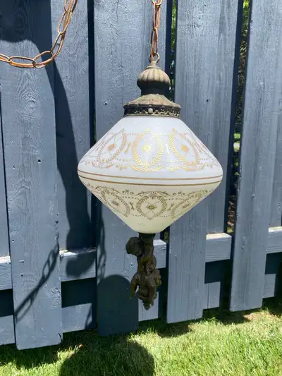 Vintage white and gold hanging lamp, View more