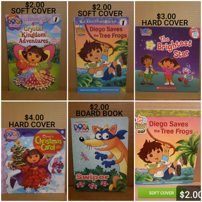 SEE PHOTOS FOR PRICES AND TITLES. DORA THE EXPLORER: SWIPER. BOARD BOOK. MINOR IMPERFECTIONS: $2.00...