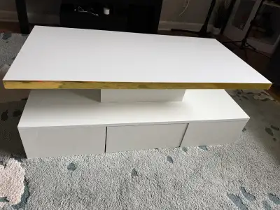 White & Gold Coffee Table with Lighting and Storage Drawer, View more