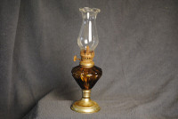 Vintage 1930 Amber Glass Oil Lamp - Chimney Shade Brass Burner