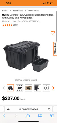 Husky 23 inch 189L Capacity Black Rolling Box with Caddy and Key