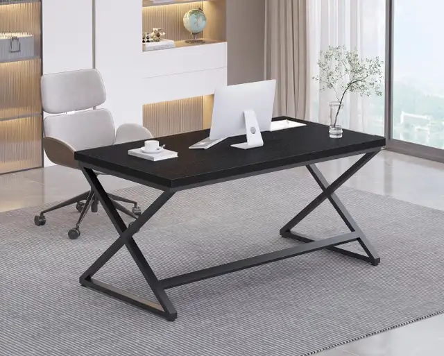 Black Modern Desk Wood Metal Workstation Black Oak, 55" in Other Tables in City of Toronto - Image 4